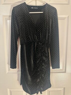 Zara Black Velvet Polka Dot Long-Sleeve Wrap-Style Dress